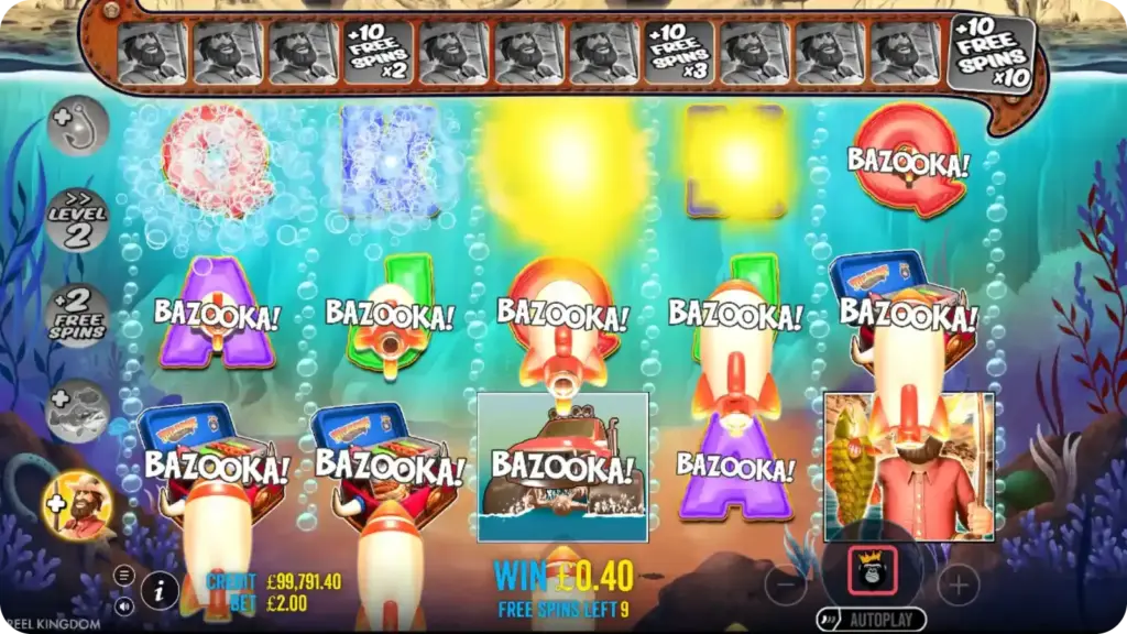 Dynamite Hook och Bazooka funktioner som lägger till fiskar och Wild i Big Bass Splash no deposit bonus